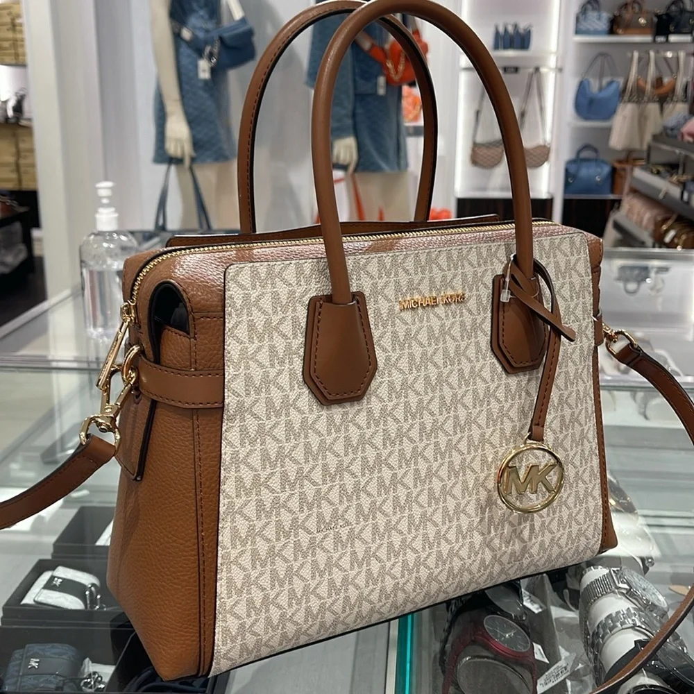 MICHAEL KORS Mercer Medium Logo and Leather Belted Satchel Crossbody Vanilla NWT